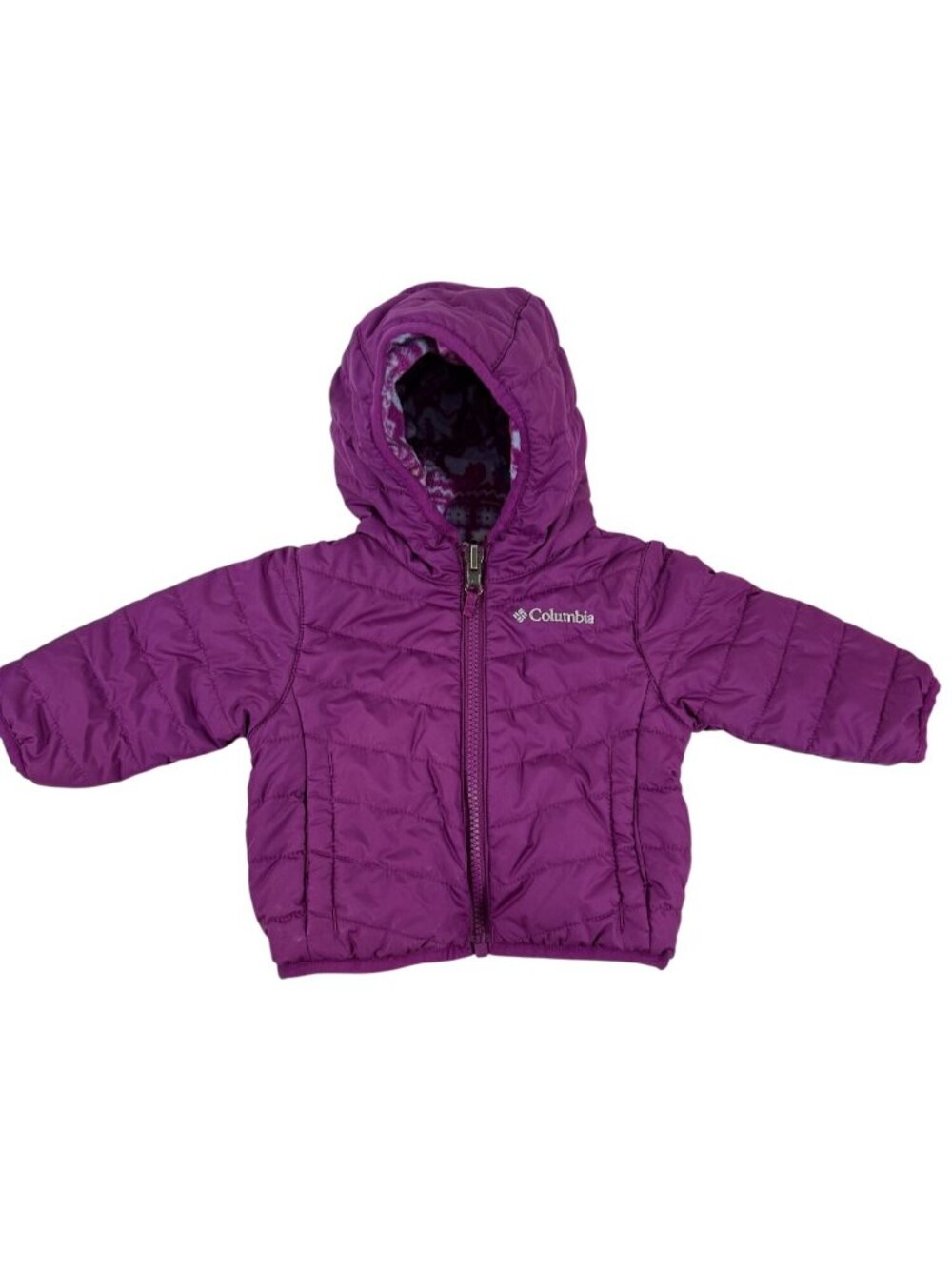 Columbia Infant Reversible Puffer Jacket 3-6 Months Purple Hooded Fleece Lined